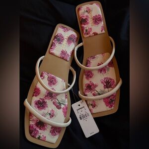 Express Floral White Strappy Sandals with Pink Accents